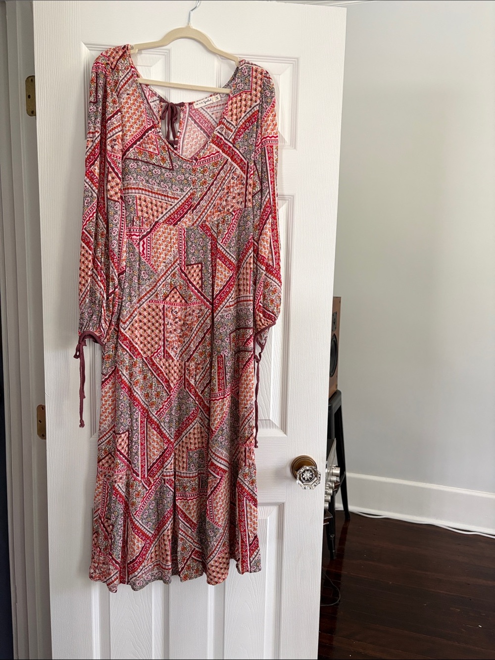 Long Sleeve Patchwork Maxi Dress - Pink Multi-Large